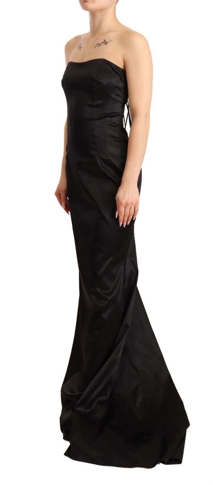 A black silk stretch sheath mermaid gown dress with long train