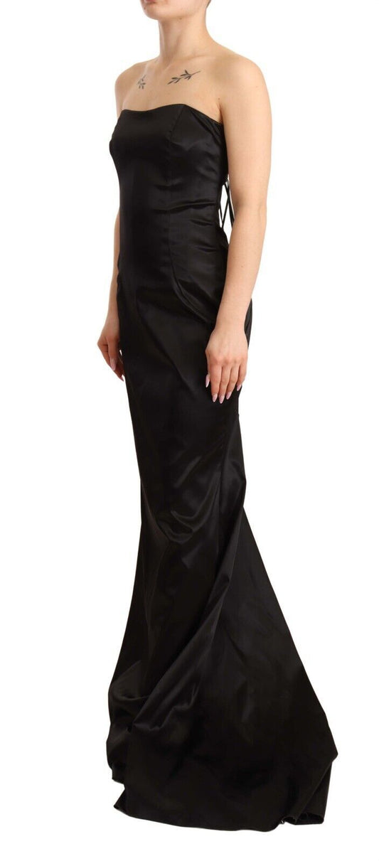 A black silk stretch sheath mermaid gown dress with long train
