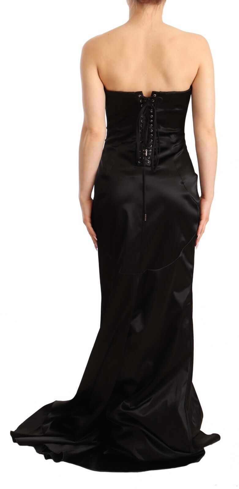 A black silk stretch sheath mermaid gown dress with a fitted bodice and flared skirt