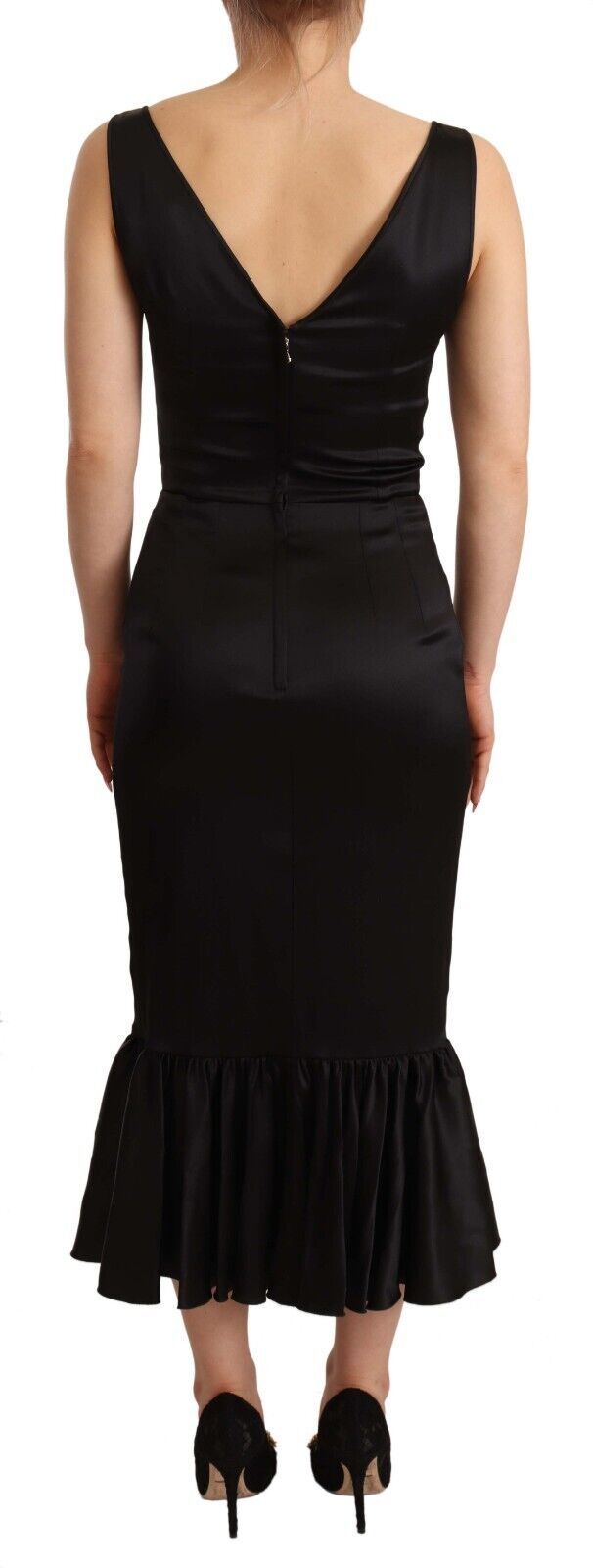 A black silk stretch sheath mermaid midi dress with ruffled hem