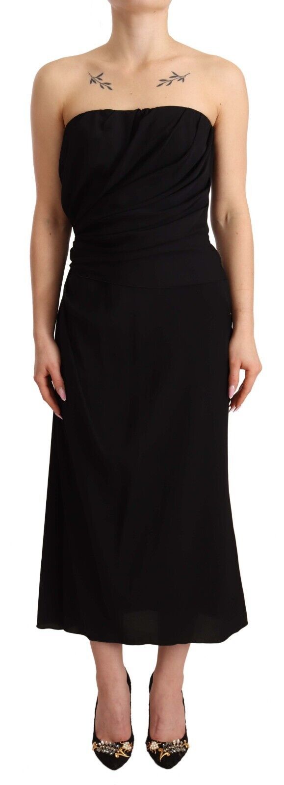 A black strapless sheath dress with a stretchy silk fabric, midi length