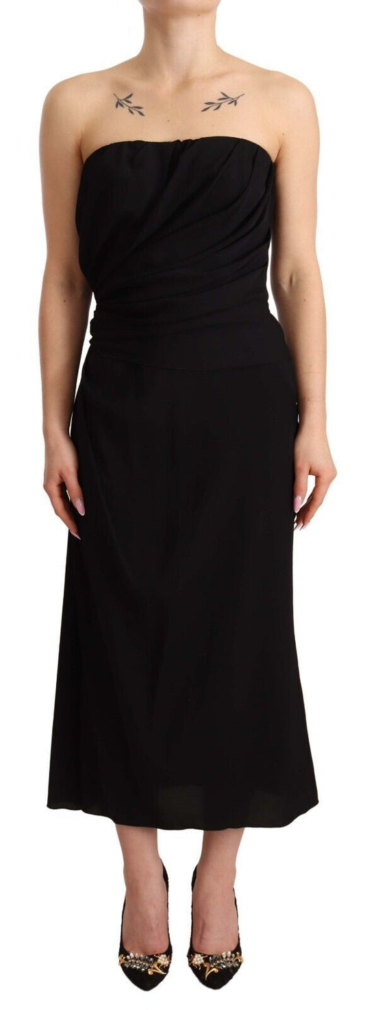 A black strapless sheath dress with a stretchy silk fabric, midi length