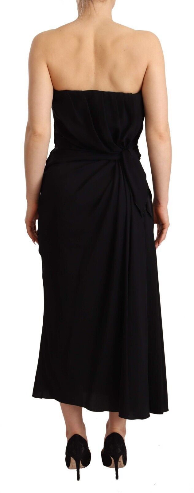 A black strapless sheath dress with a stretchy silky fabric and midi length