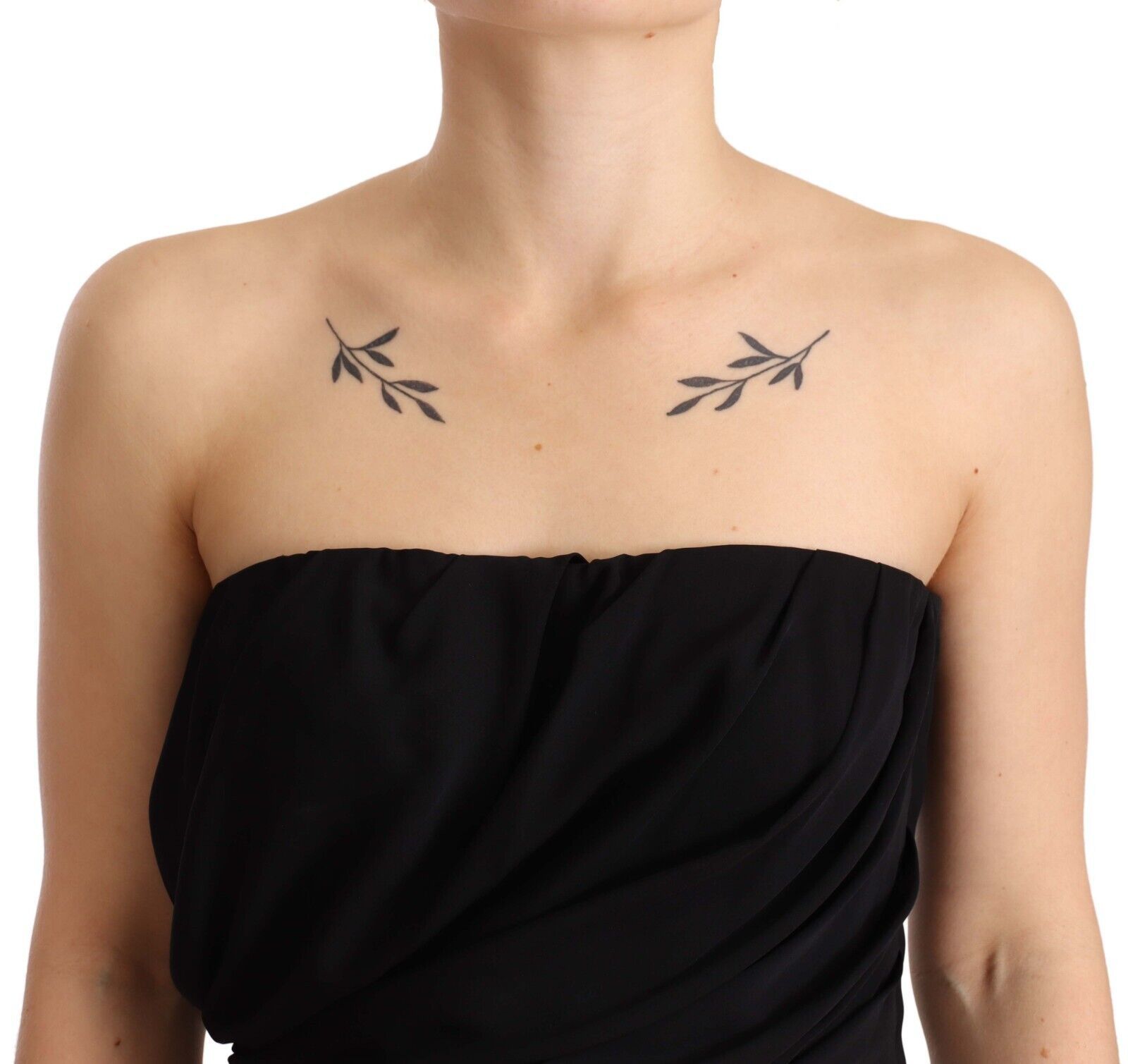 A black strapless sheath dress with a silky texture and stretchy material