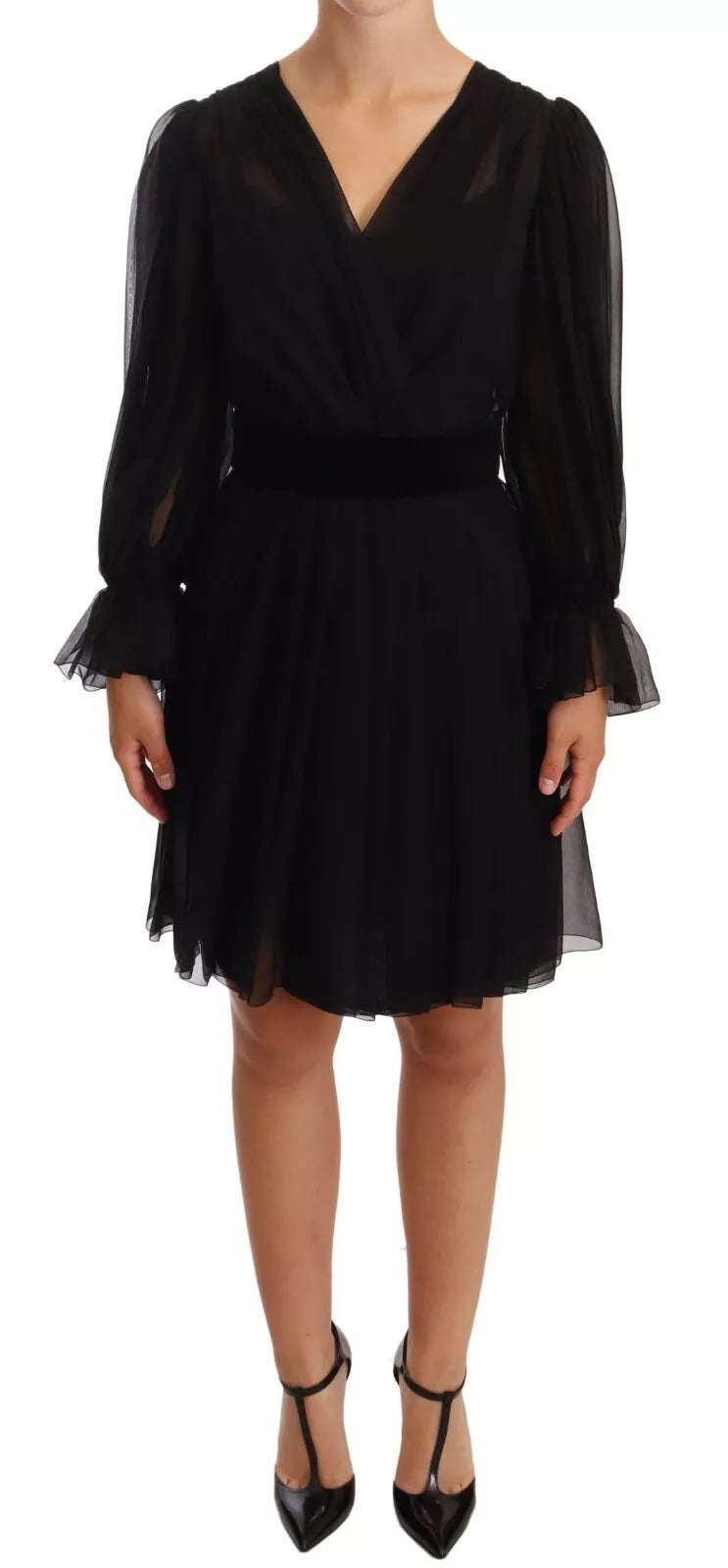 A black silk tulle long sleeve dress with a V-neck