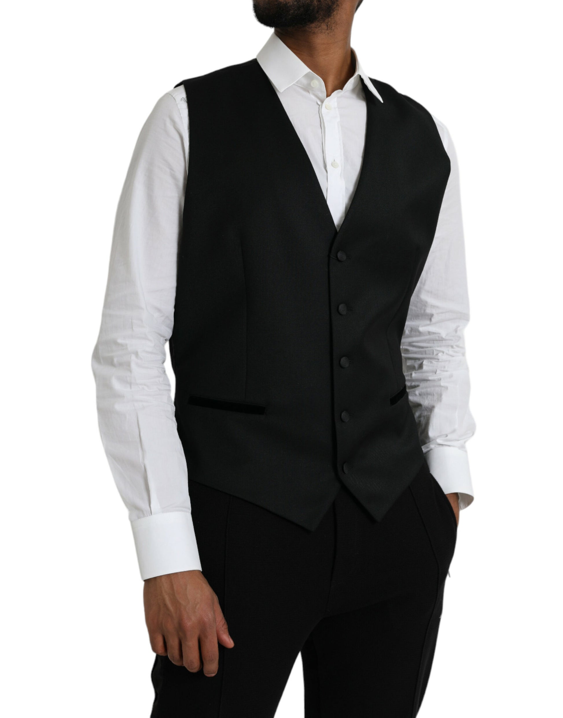 A black silk waistcoat with a vest design, part of formal wear