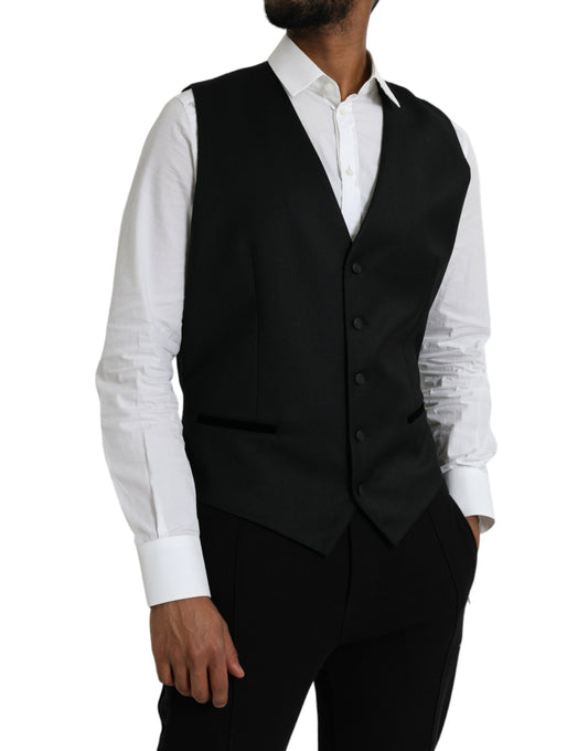 A black silk waistcoat with a vest design, part of formal wear