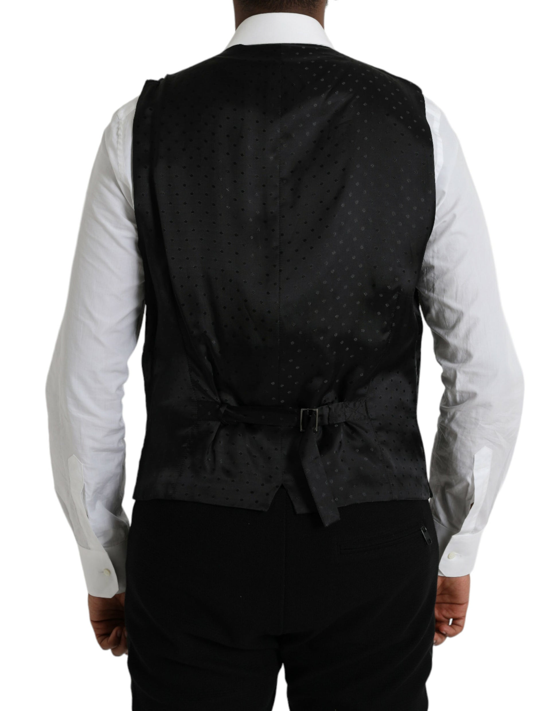 A black silk waistcoat with a patterned back, part of formal wear