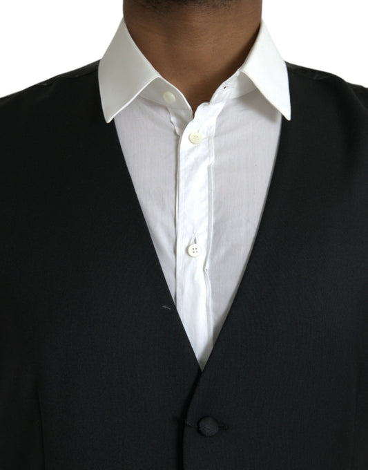 A black silk waistcoat with a vest design, part of formal wear