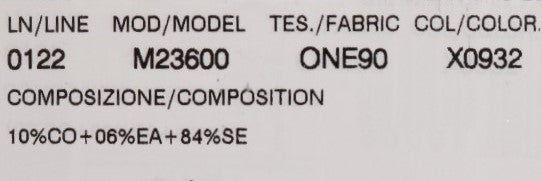 White label on fabric with black text