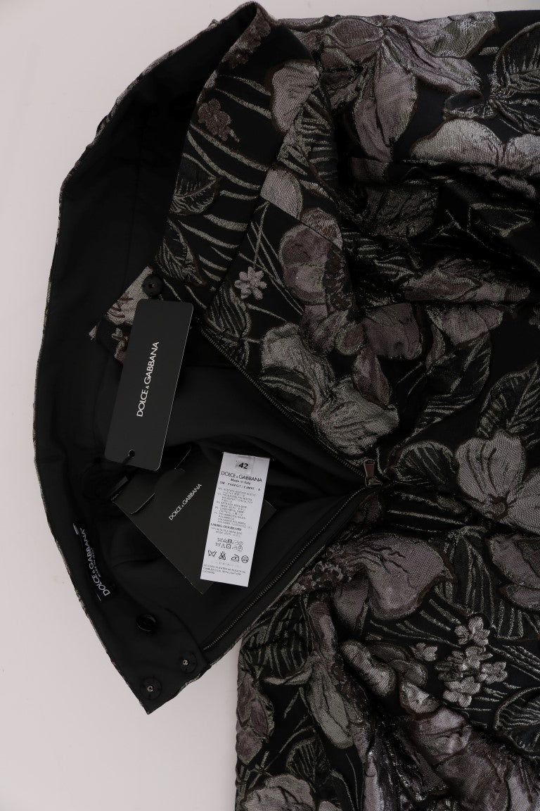 Black jacket with floral pattern on hanger