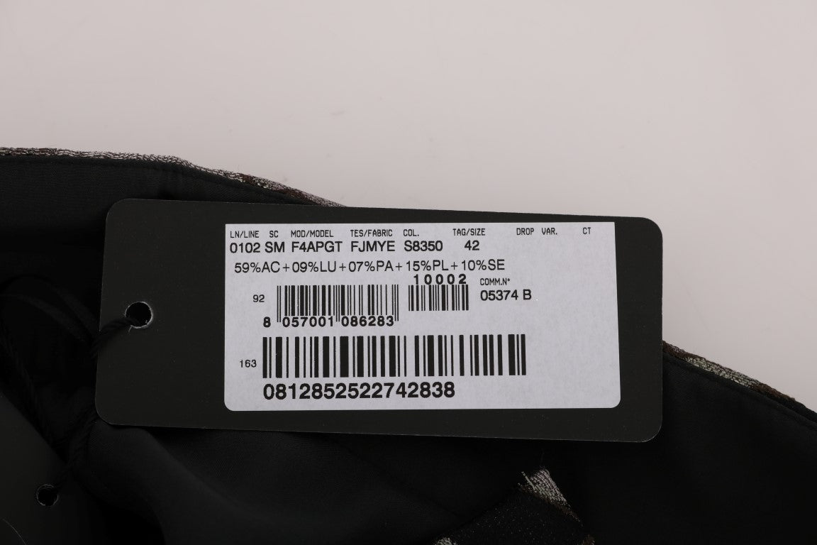 Black tag on clothing with white barcode and text