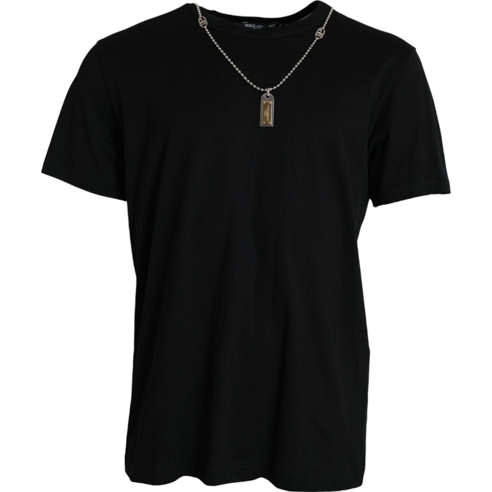 Black t-shirt with a silver chain necklace featuring a pendant