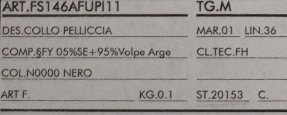A printed document with various pieces of information on it. There is a section titled "ART FS 146A/UPUPI 1"