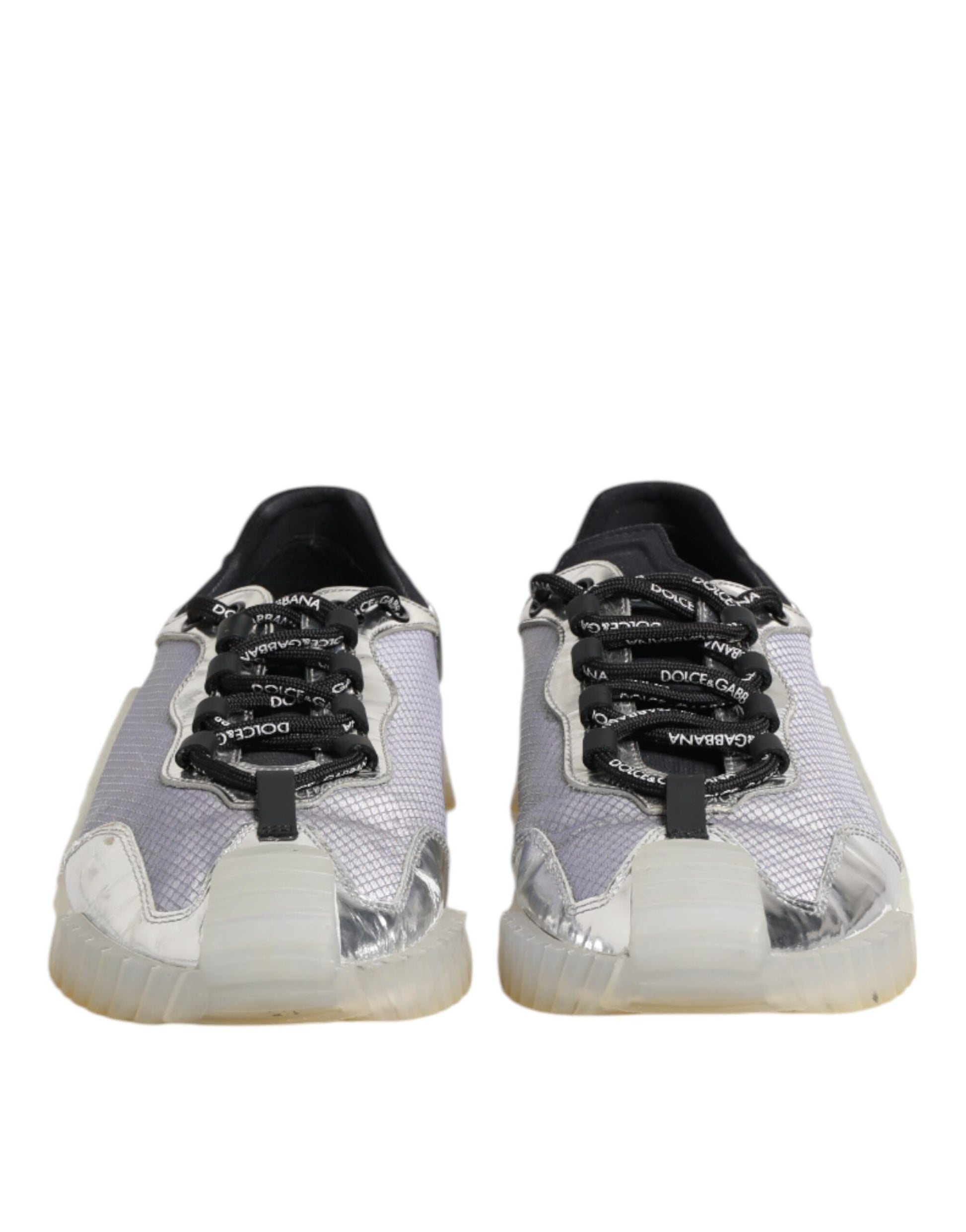 Pair of black and silver men's sneakers with laces, branded logo on side