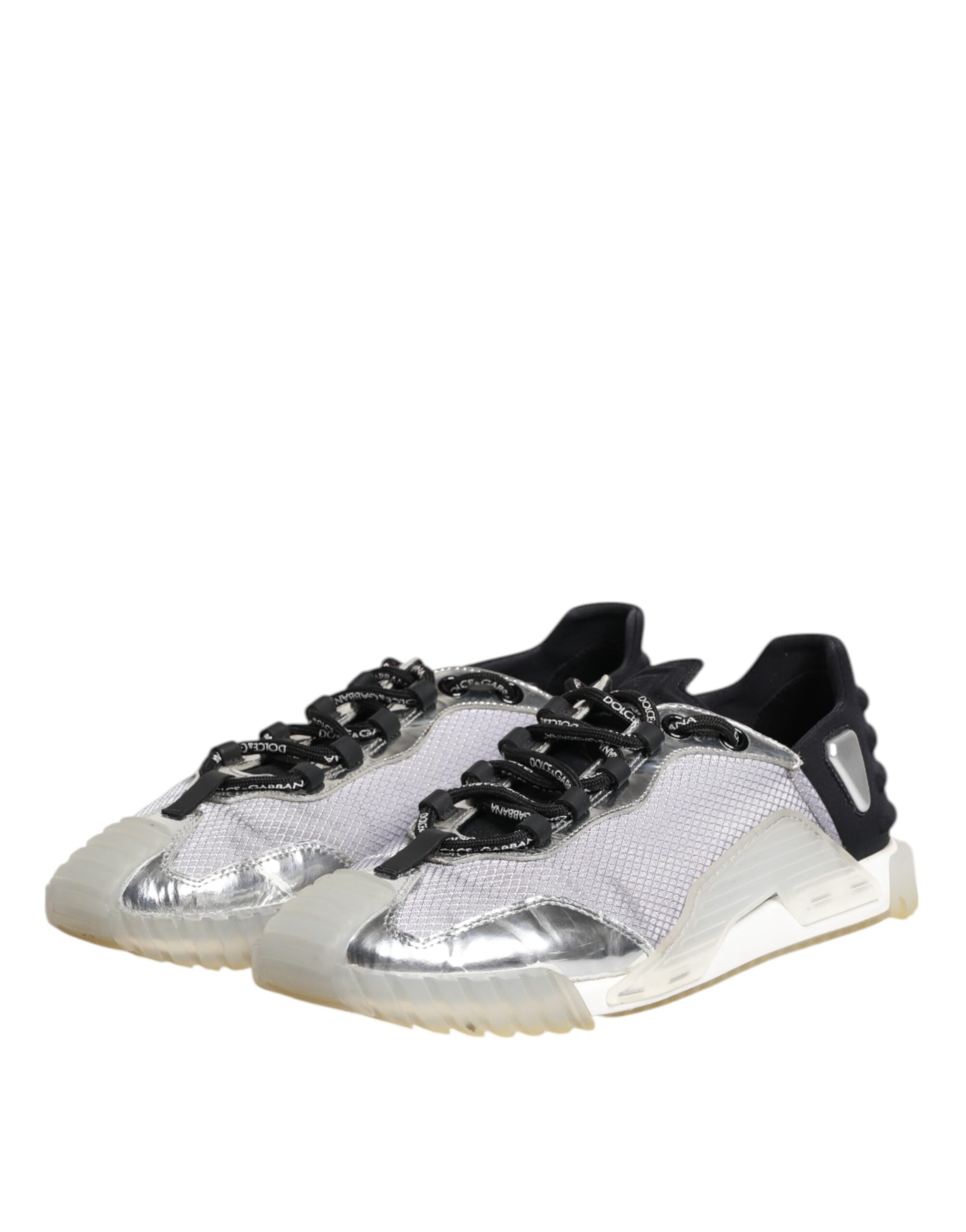A pair of black and silver men's sneakers with a low top, featuring a textured design on the side
