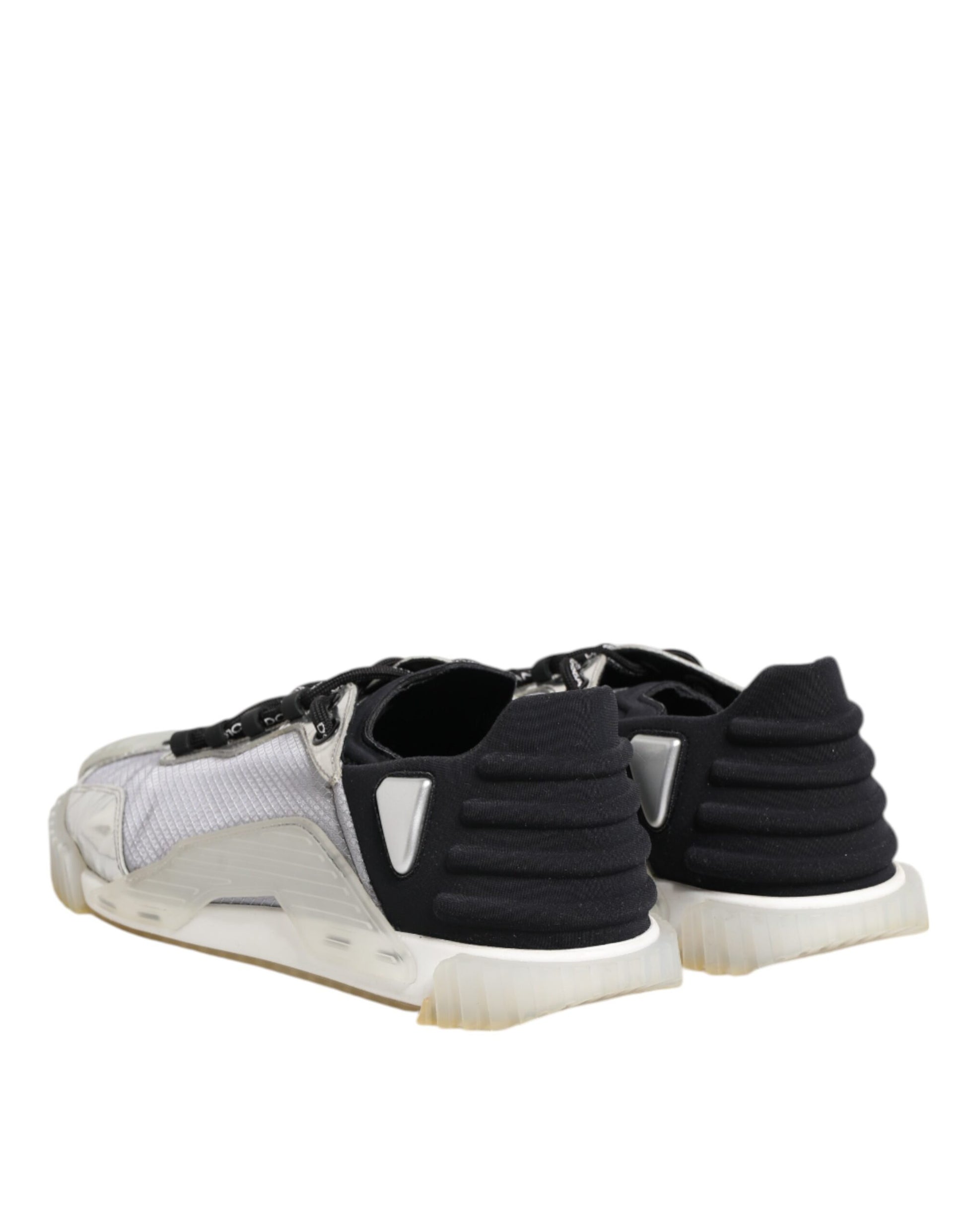 A pair of black and silver men's low top sneakers with a lace-up front
