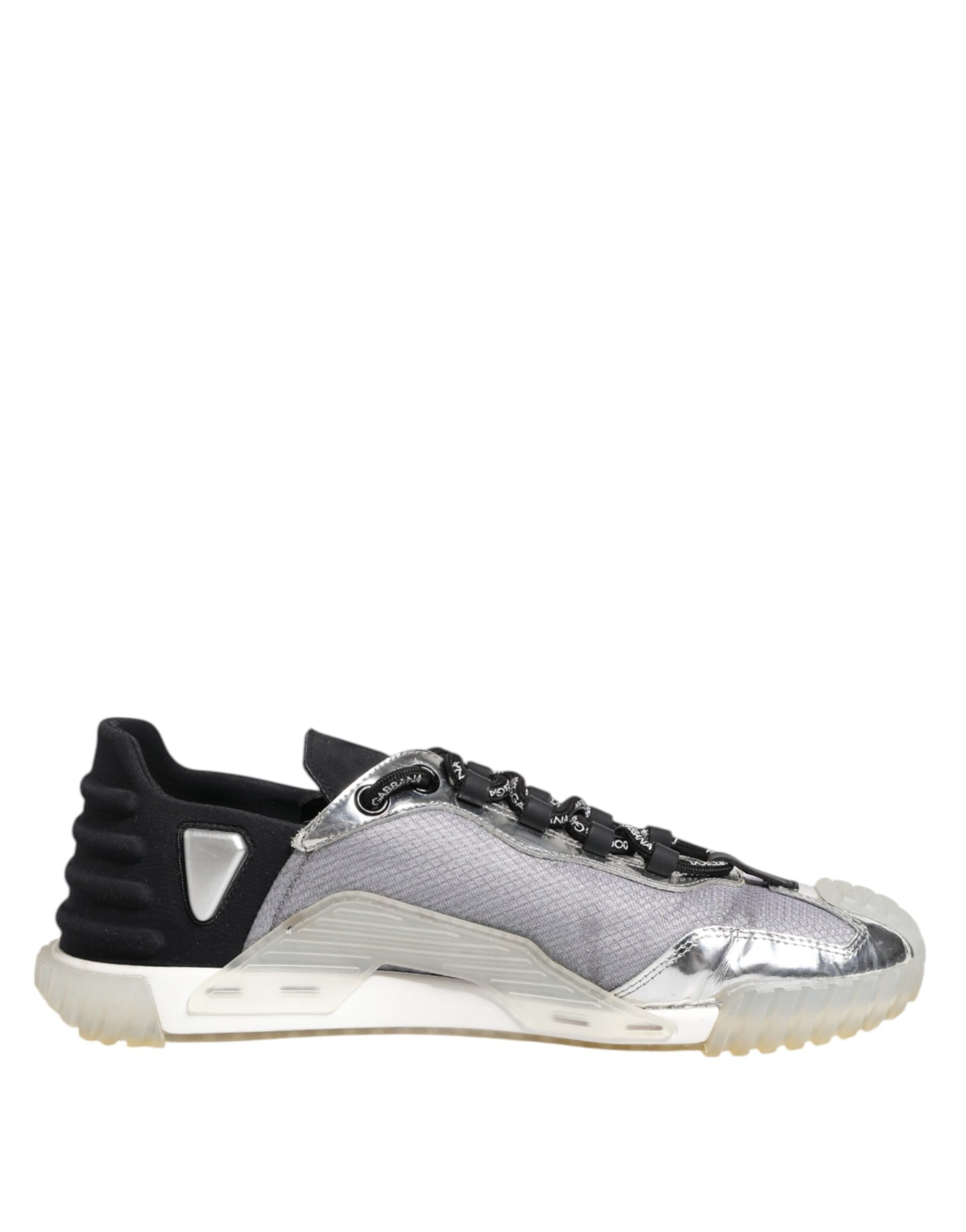 A pair of black and silver men's low top sneakers with a lace-up front