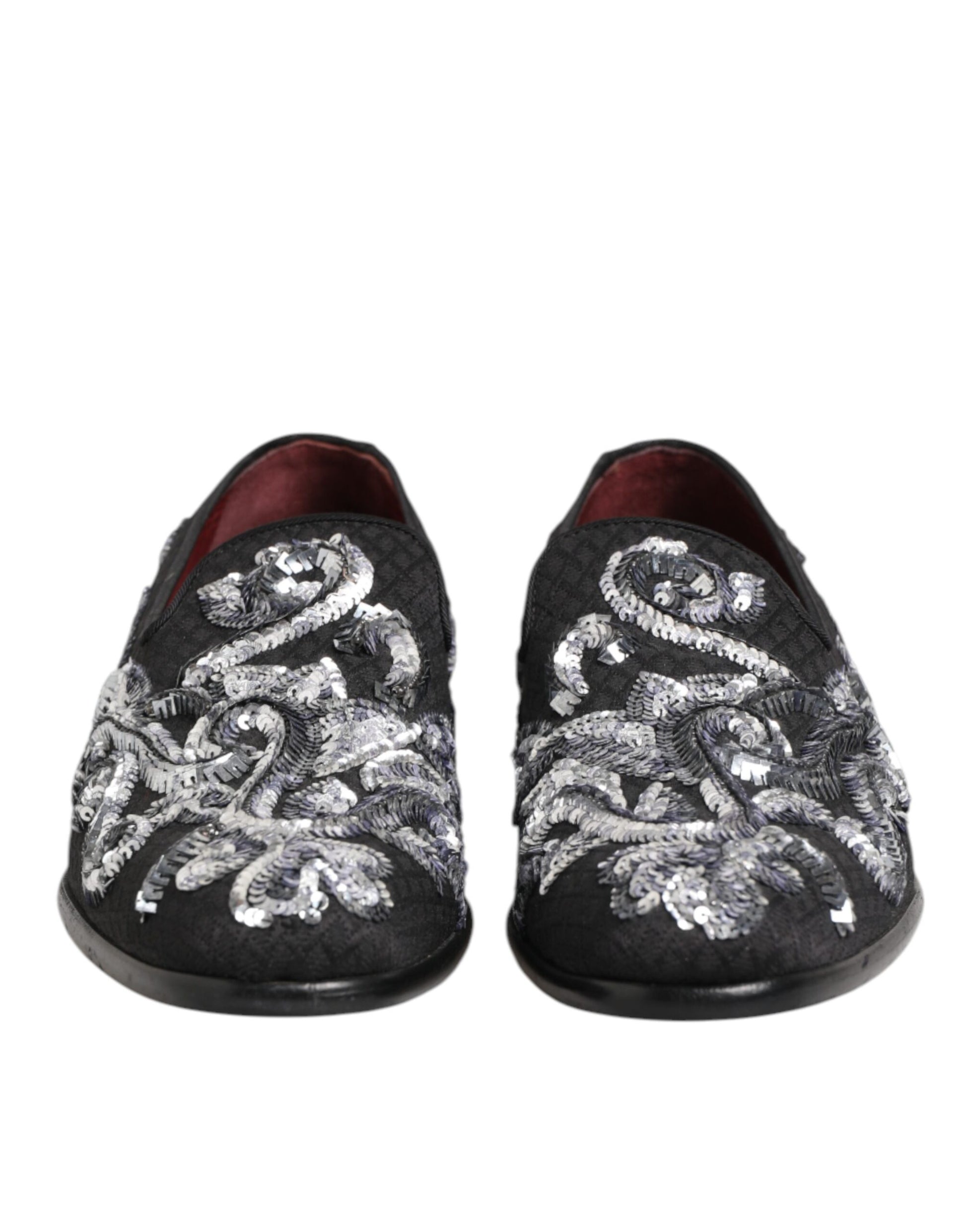 Pair of black sequin loafers with silver embroidery, men's dress shoes