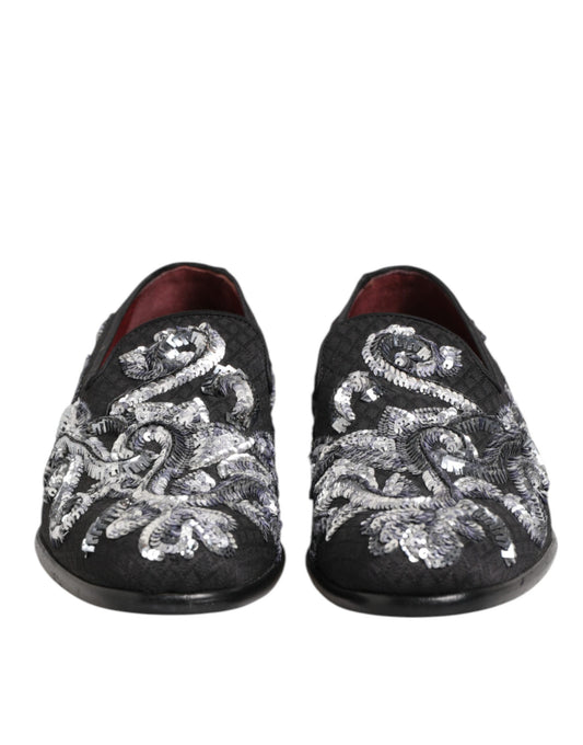 Pair of black sequin loafers with silver embroidery, men's dress shoes