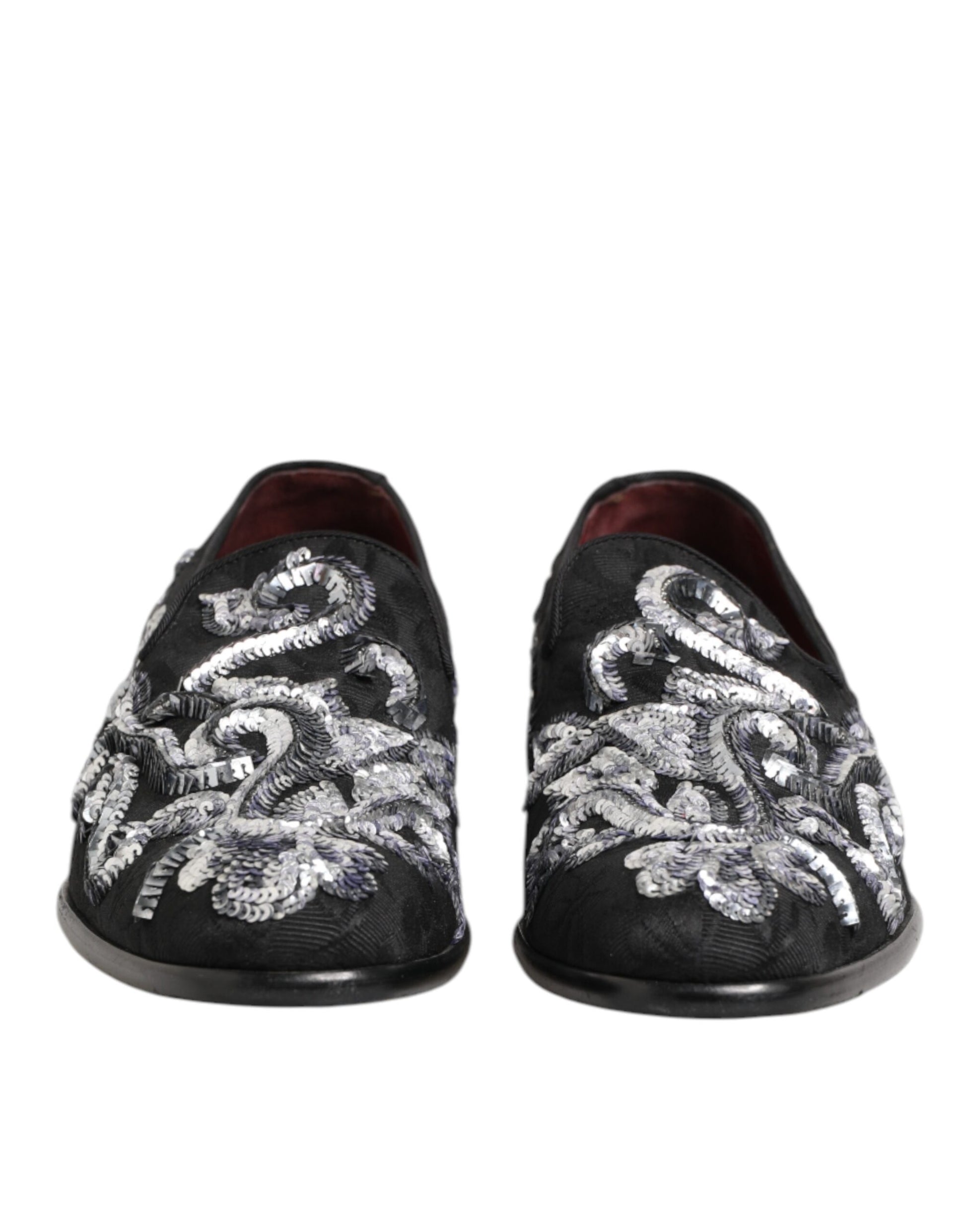 Pair of black sequined loafers with silver embroidery, designed for men's dress shoes