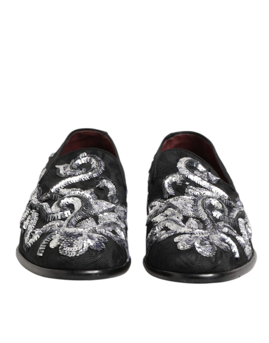 Pair of black sequined loafers with silver embroidery, designed for men's dress shoes