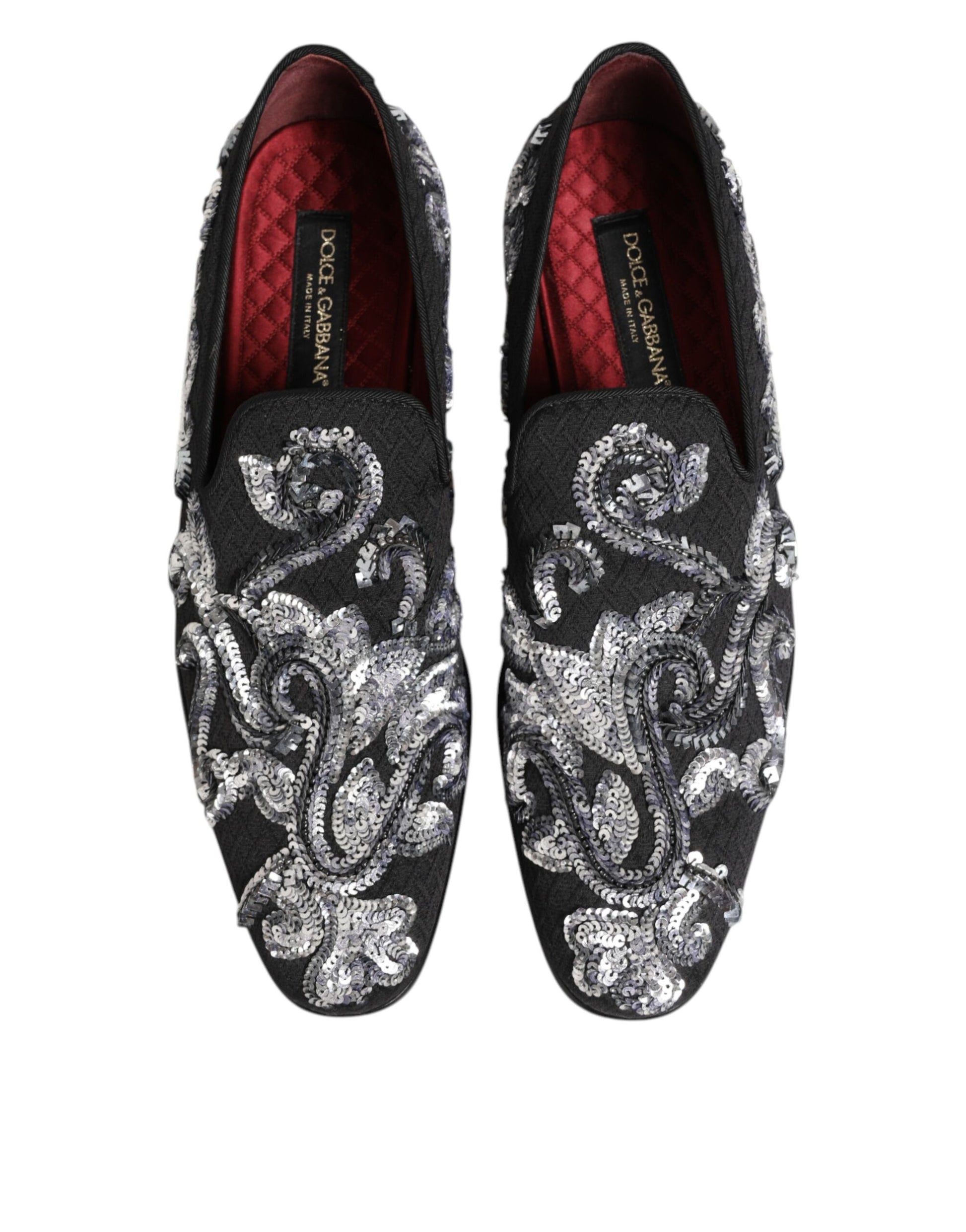 Pair of black sequined loafers with silver embroidery, men's dress shoes
