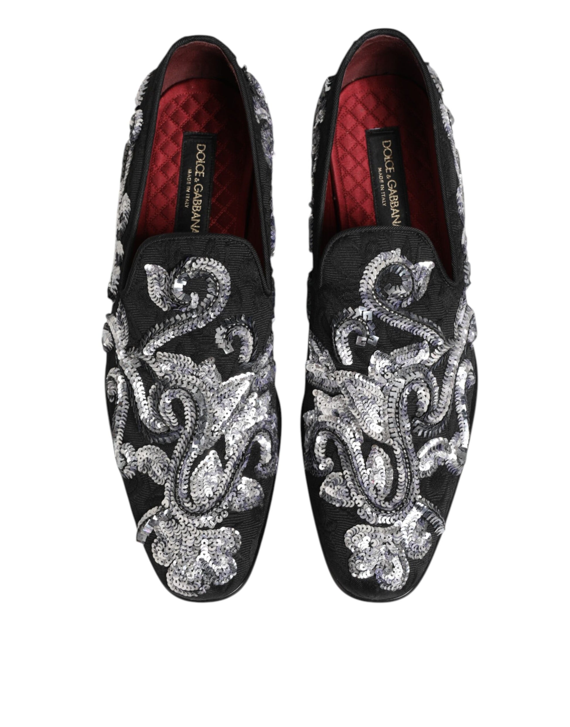 Pair of black sequined loafers with silver embroidery, men's dress shoes