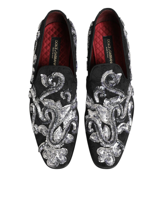 Pair of black sequined loafers with silver embroidery, men's dress shoes