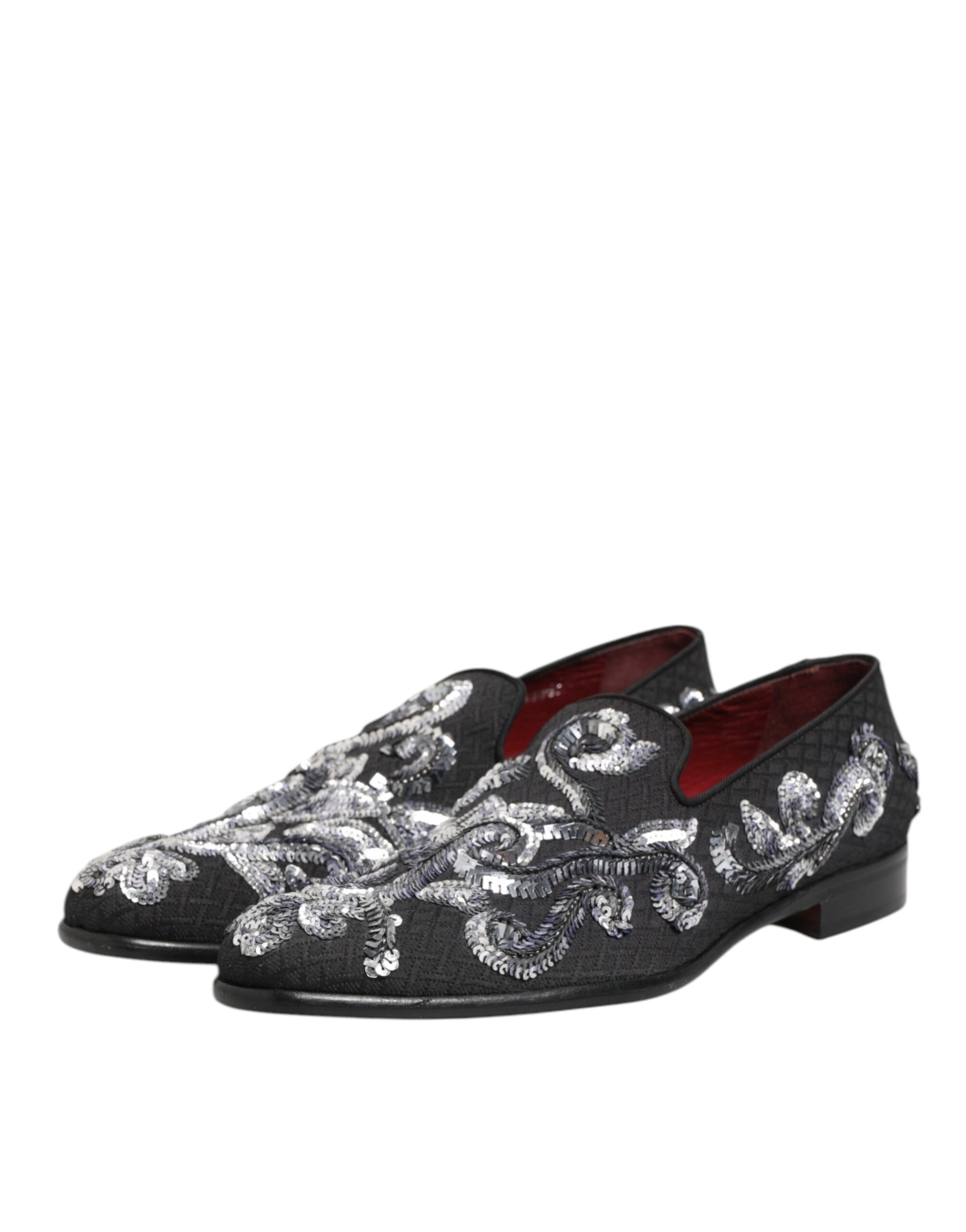 A pair of black sequined loafers with silver embroidery, designed for men's formal wear