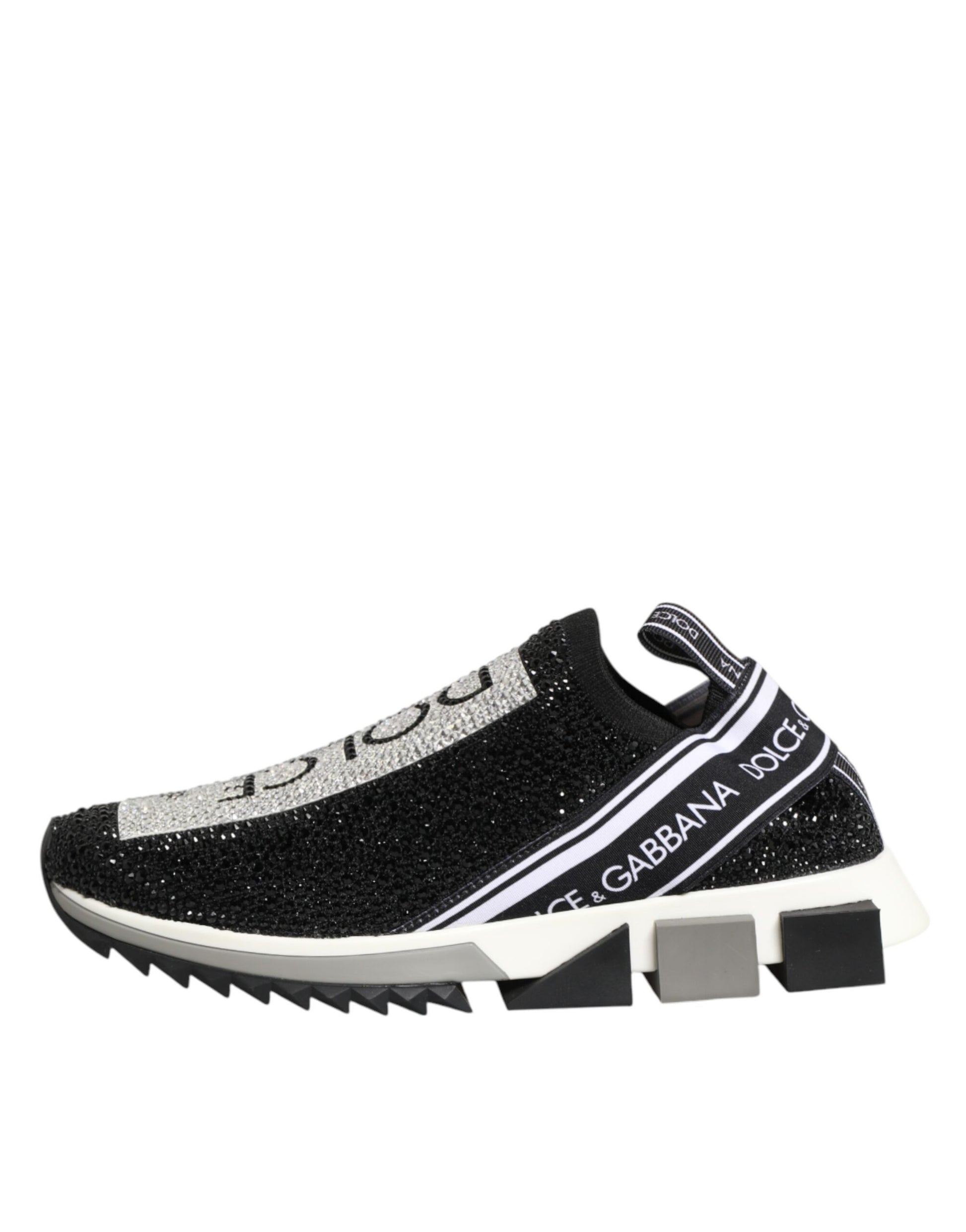 Black sneaker with white stripes and sparkles on side