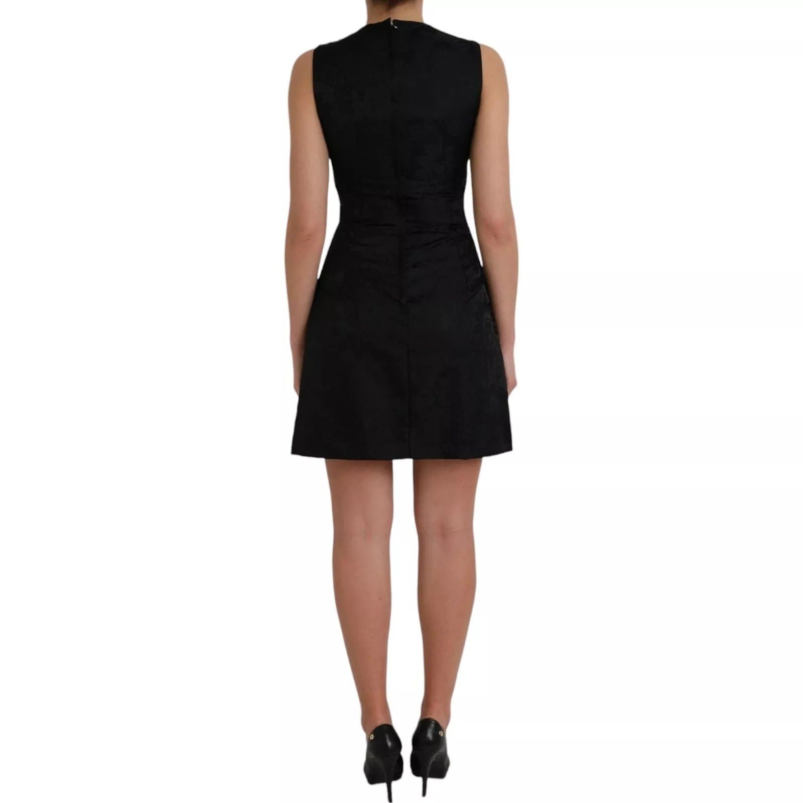 A black sleeveless bodycon dress with an A-line silhouette. It is designed by Dolce & Gabbana and is part of