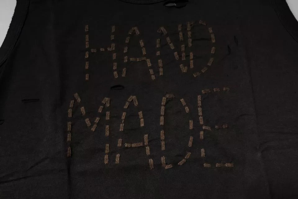 Handmade black t-shirt with embroidered text