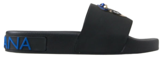 Black sandal with blue straps and buckles