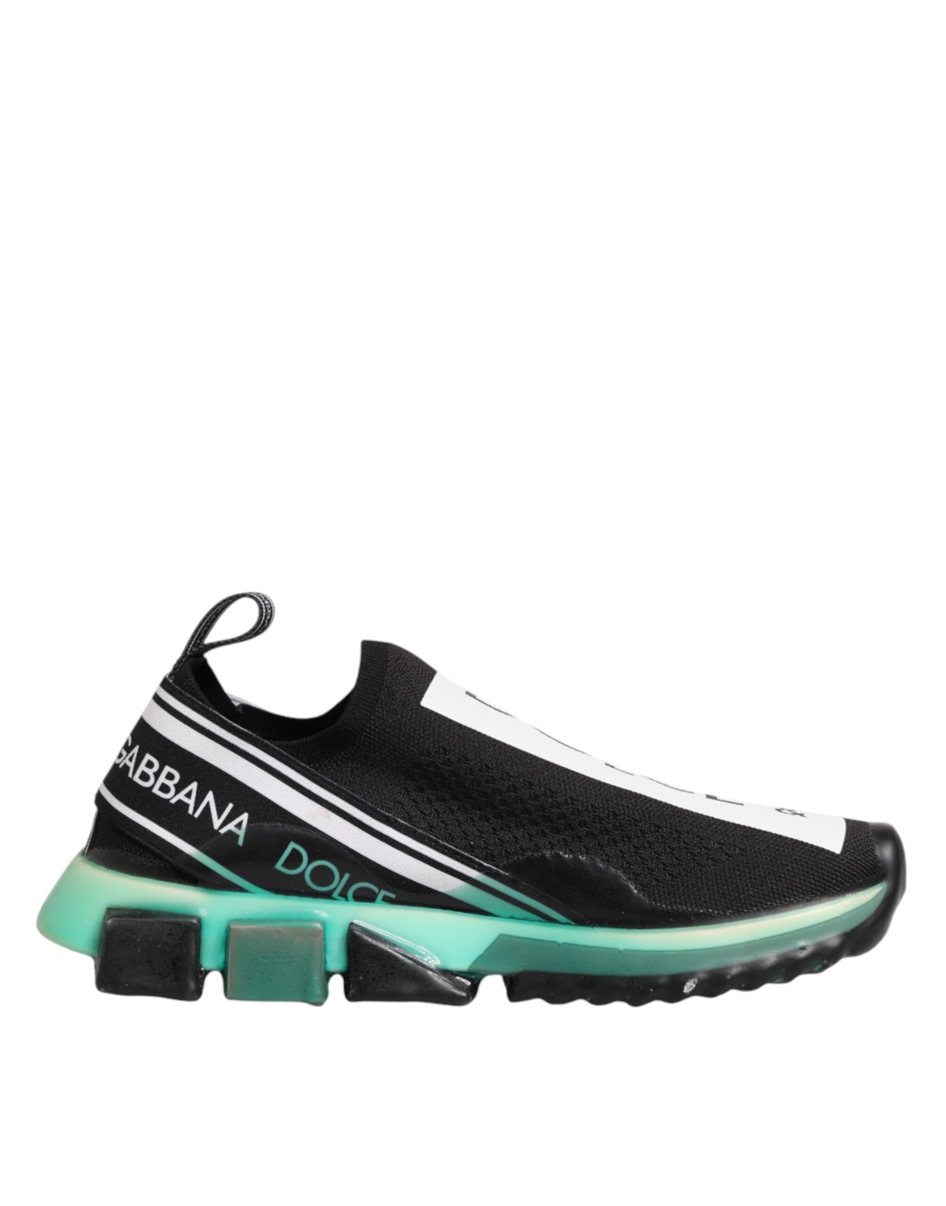 Black and white sneaker with green accents