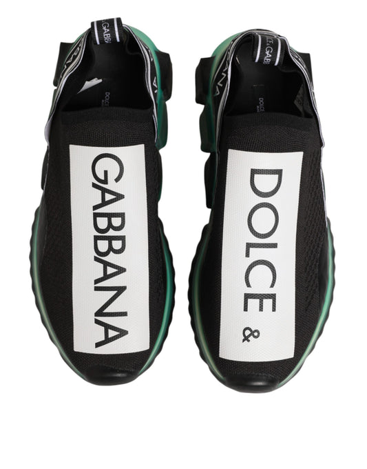 Pair of black sneakers with white brand names on side