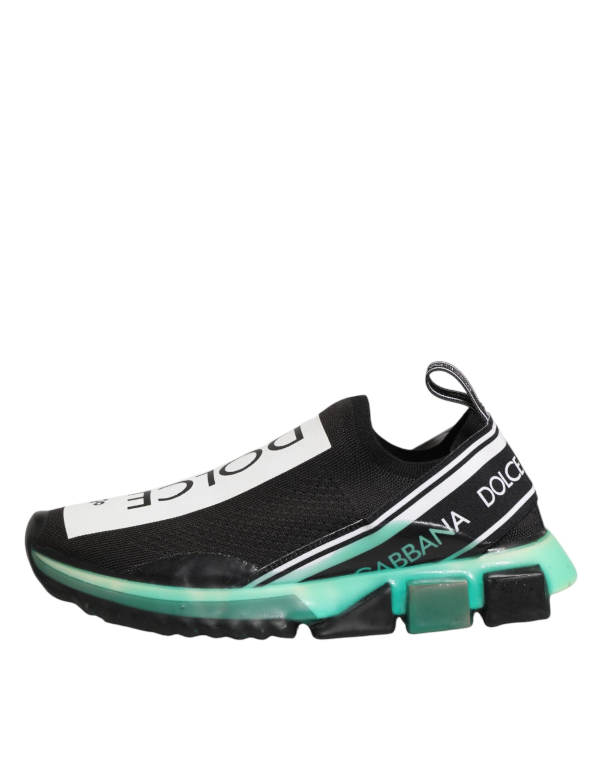 Black and white sneaker with green accents