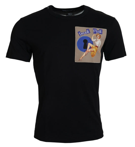 Black t-shirt with graphic design on front