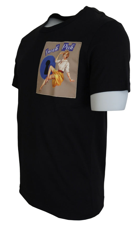 Black t-shirt with graphic design on front