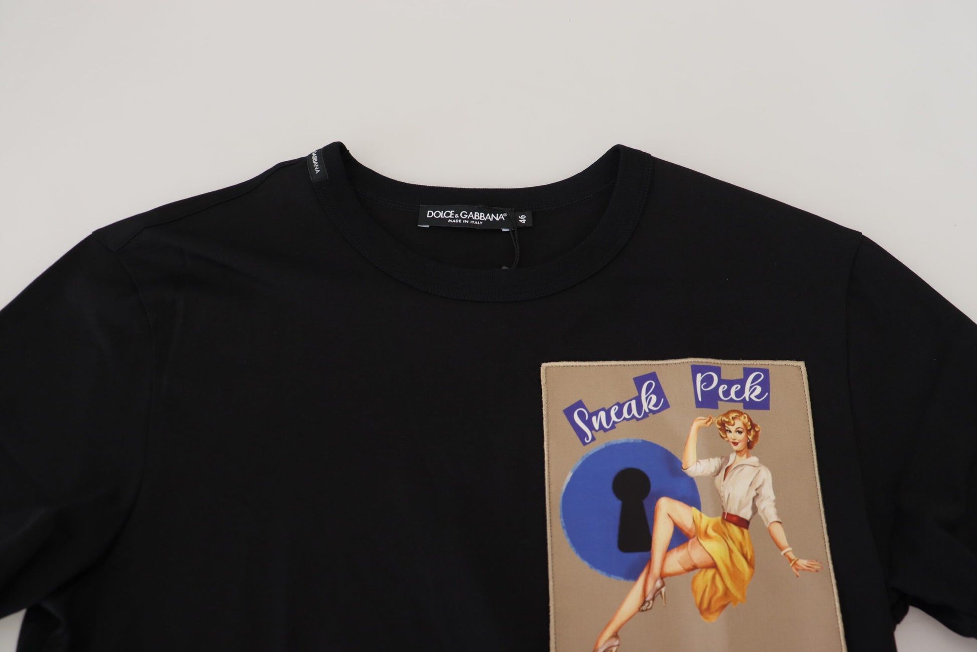 Black t-shirt with graphic design on front