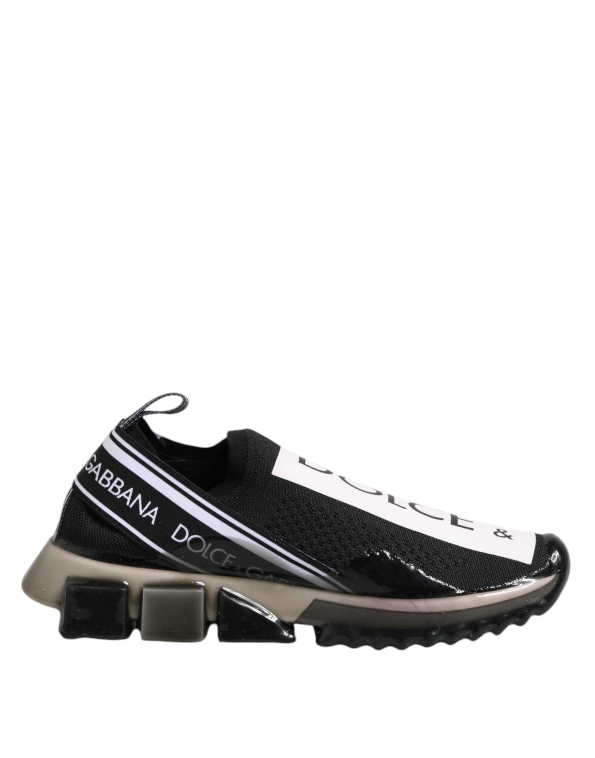 Black slip-on shoes with white logo and laces, featuring a low top design