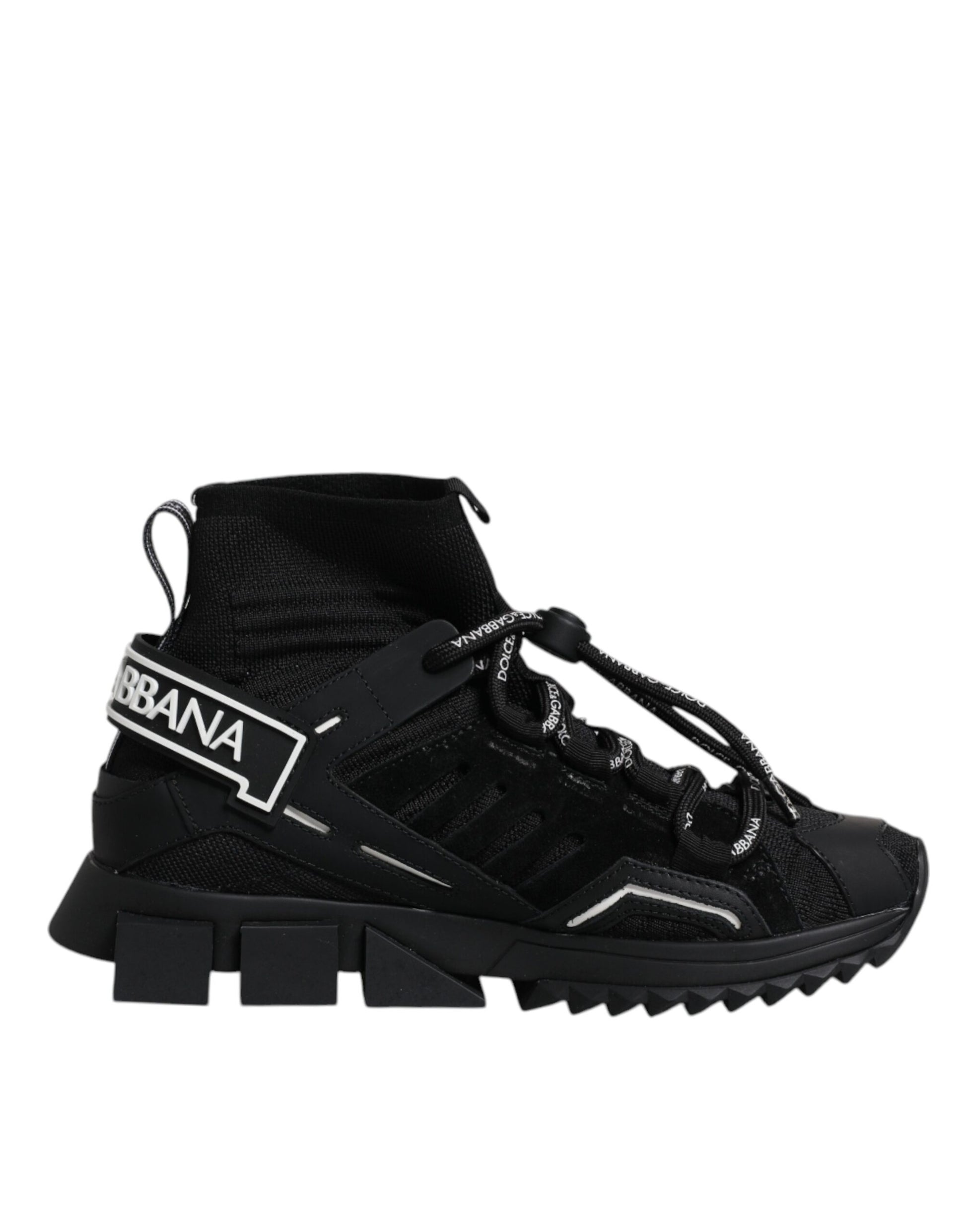 Black hiking boot with white logo and laces