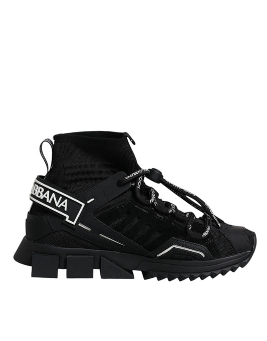 Black hiking boot with white logo and laces