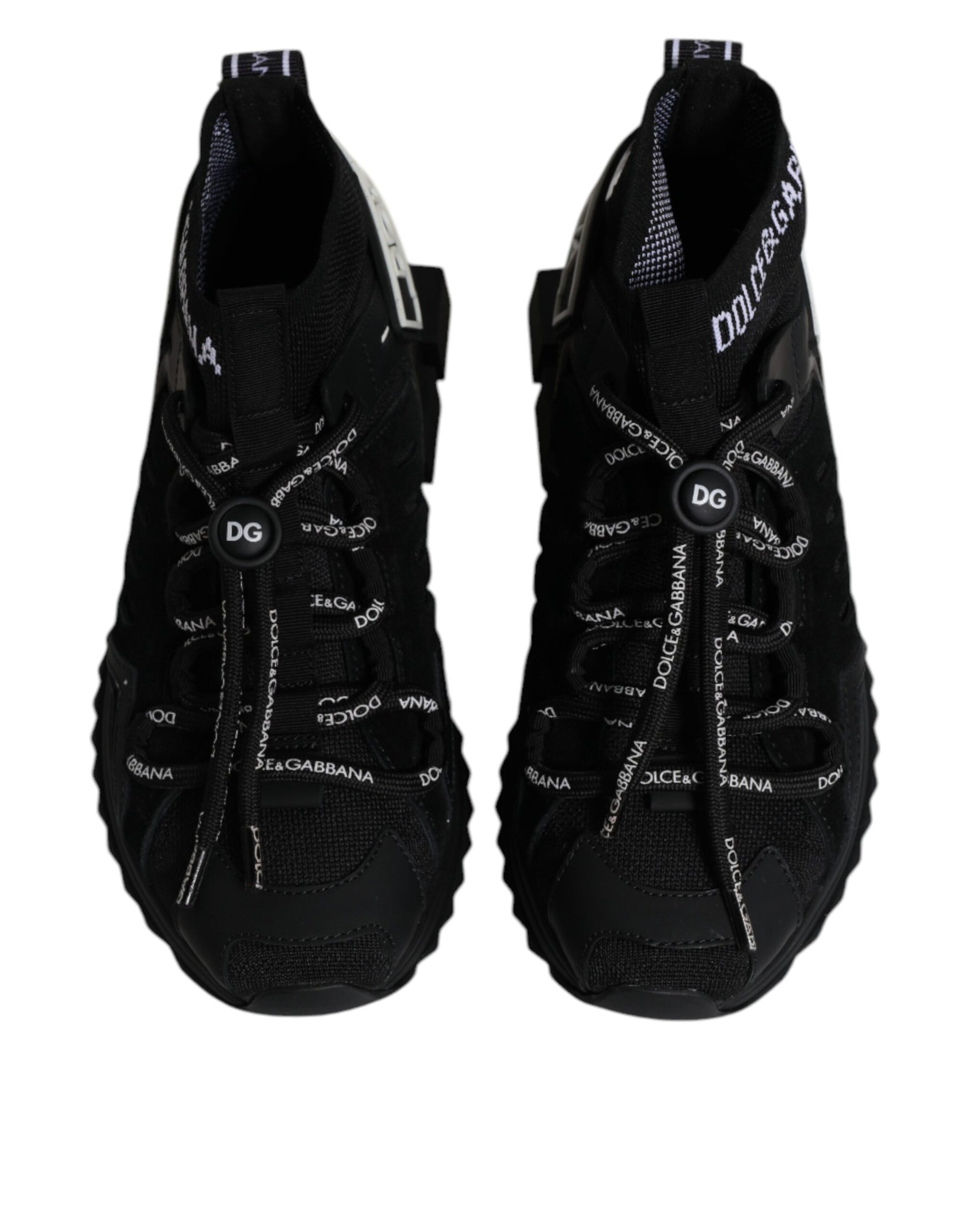 Pair of black hiking shoes with white laces and logo on side