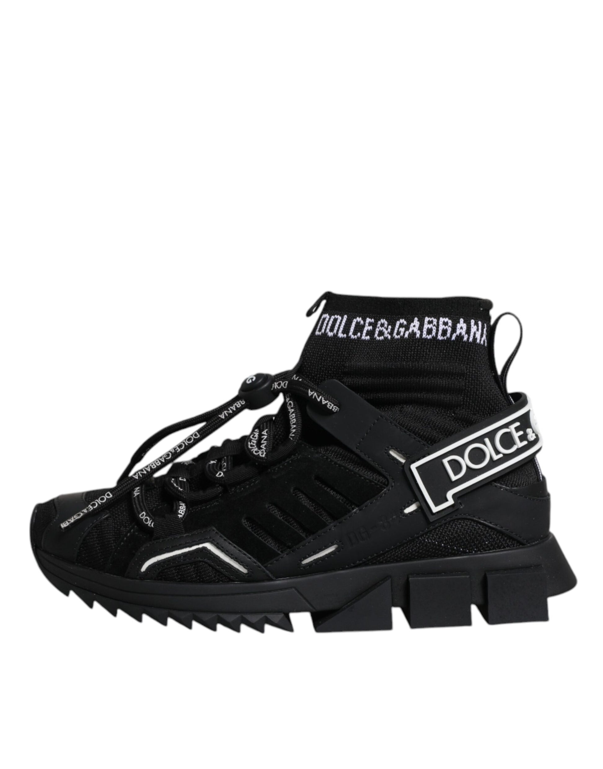 Black and white sneakers with branding on side and sock