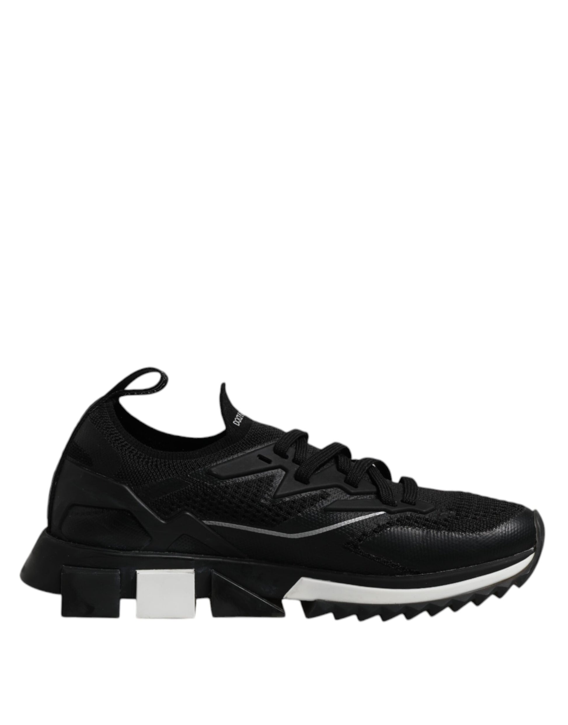Black athletic shoe with white sole