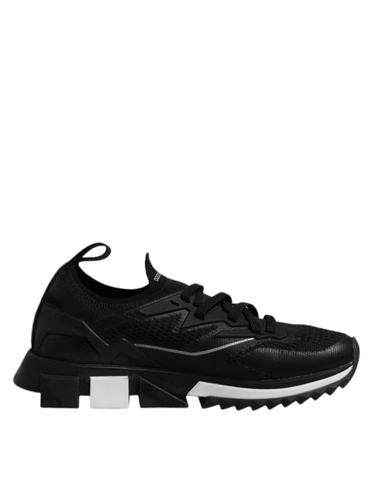 Black athletic shoe with white sole