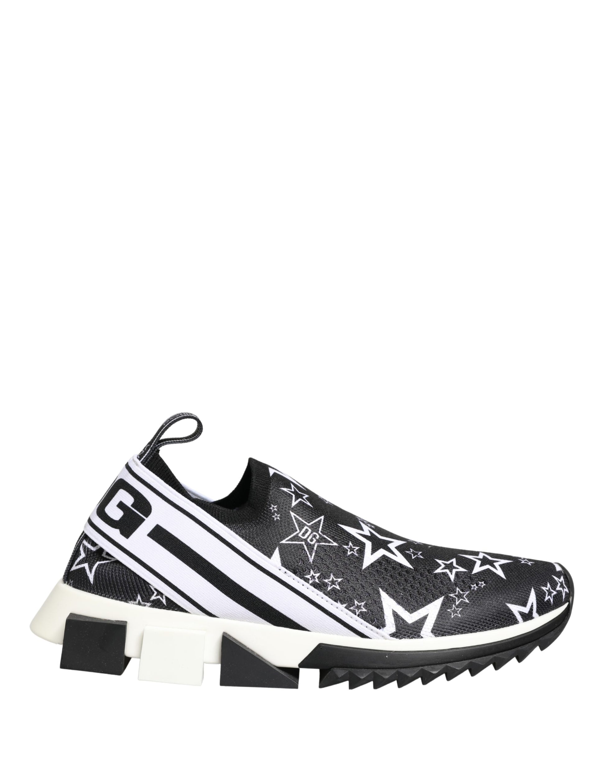 A pair of black sneakers with white stars and stripes design on the side, featuring a chunky sole