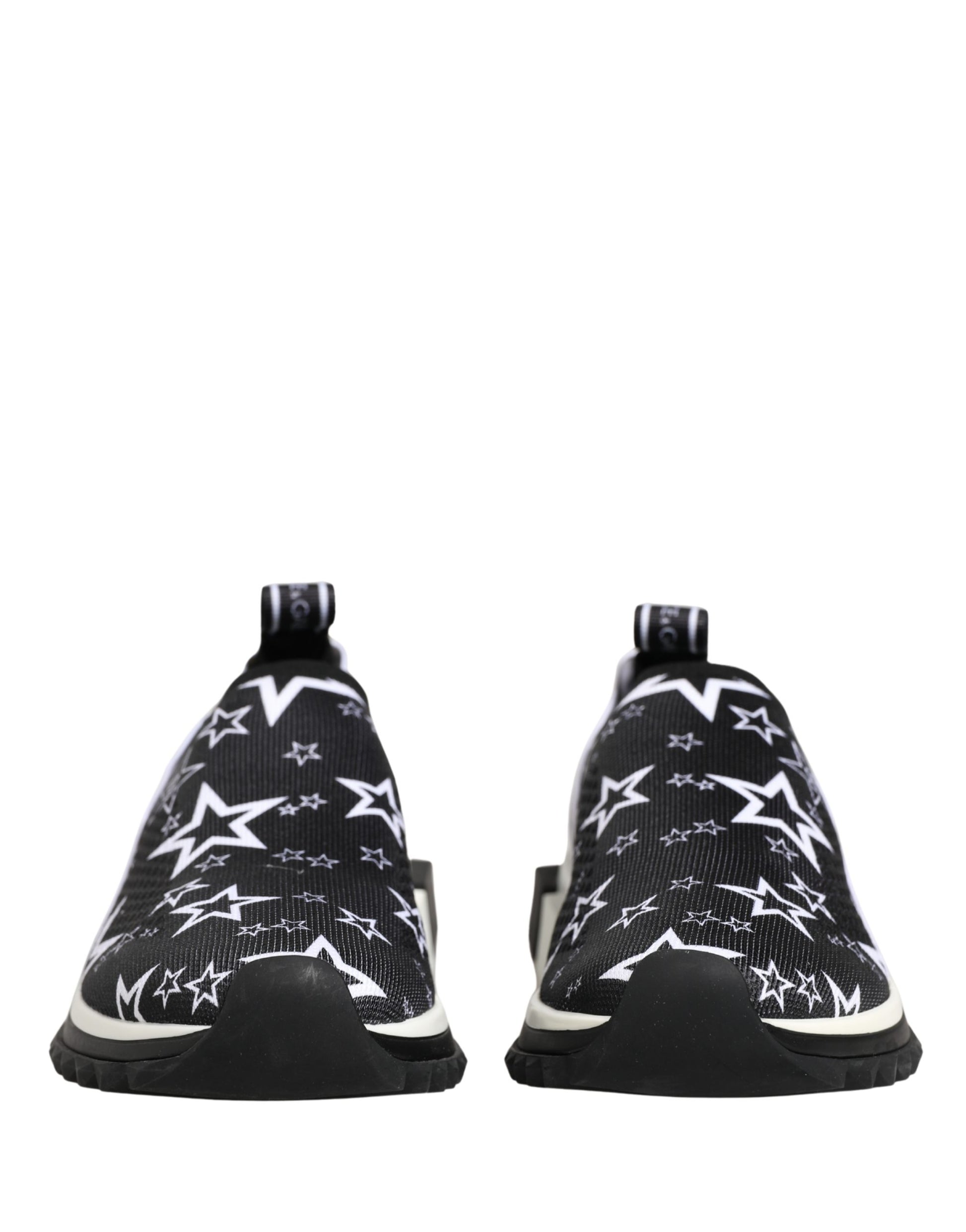 Pair of black sneakers with white stars logo on side and heel