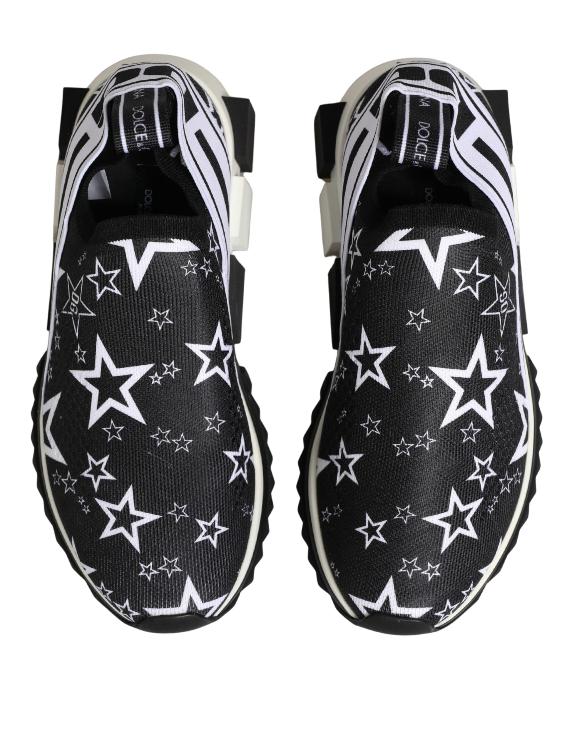 Pair of black sneakers with white stars and logo on side